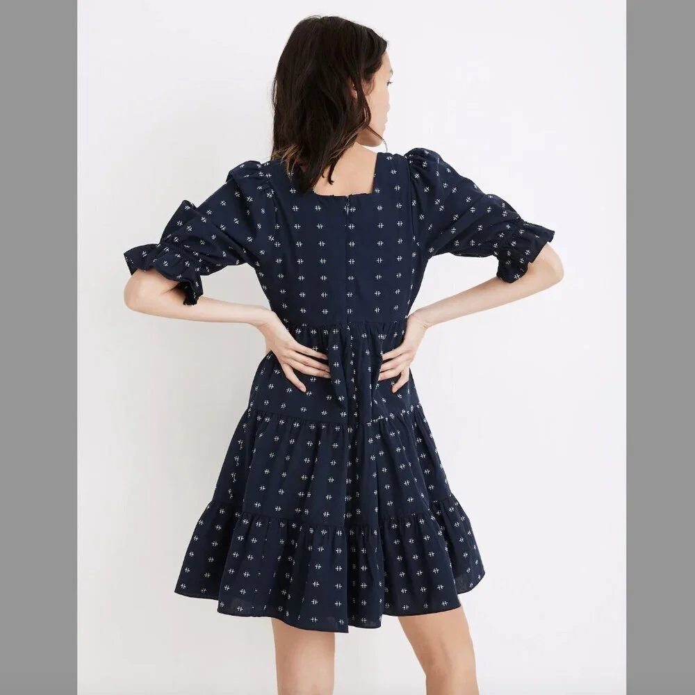 Women's 6 Madewell Square-Neck Puff-Sleeve Babydoll Dress Navy Mini - Picture 3 of 10